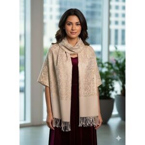 NEW White House Black Market Floral Shawl Scarf Fringe Peach Gold Pink